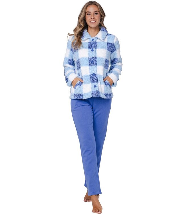 warm sherpa fleece full button home lounge suit 'chunky checks