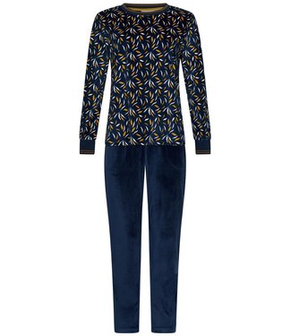 Pastunette Blauwgroen lounge- huispak van zachte velours fleece 'abstract forest flowers'