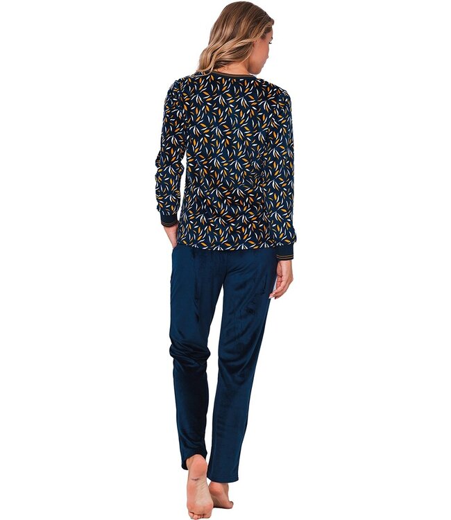 Blauwgroen lounge- huispak van zachte velours fleece 'abstract forest flowers'