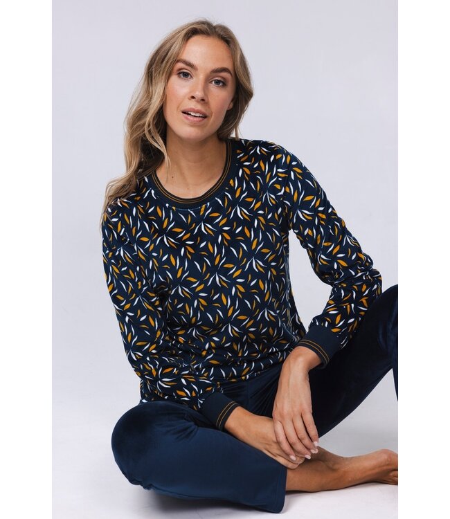 Blauwgroen lounge- huispak van zachte velours fleece 'abstract forest flowers'