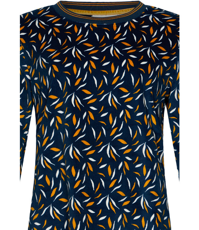 Blauwgroen lounge- huispak van zachte velours fleece 'abstract forest flowers'