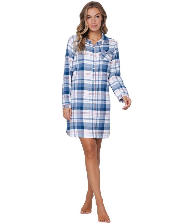 ladies long sleeve, full button, cotton flannel nightdress 'cool blue checks'