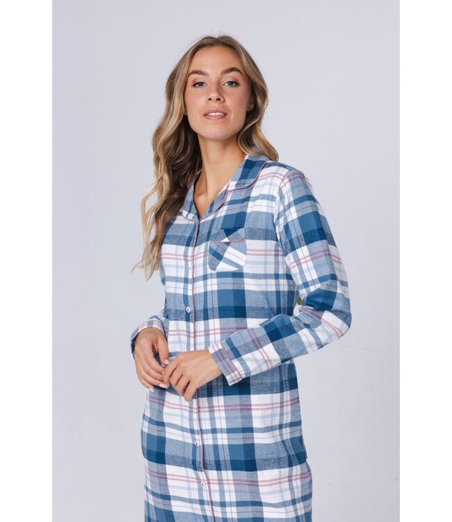 Doorknoop dames nachthemd met lange mouwen van katoenflanel 'cool blue checks'