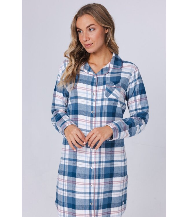 ladies long sleeve, full button, cotton flannel nightdress 'cool blue checks'