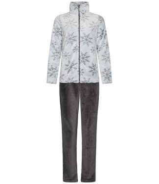 Rebelle Dames huispak met ritssluiting van flanel-fleece reliëfstof 'silver snowflakes'