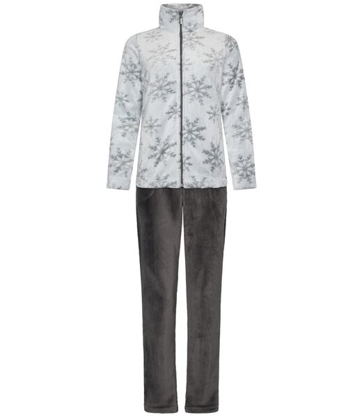 Rebelle Dames huispak met ritssluiting van flanel-fleece reliëfstof 'silver snowflakes'