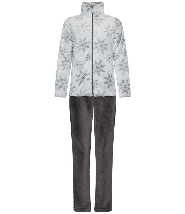 Dames huispak met ritssluiting van flanel-fleece reliëfstof 'silver snowflakes'