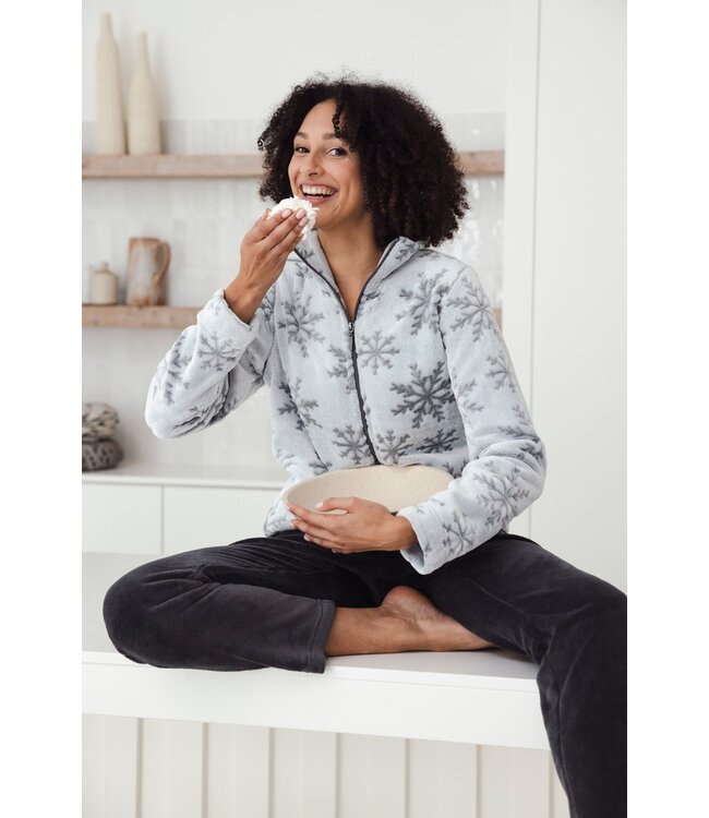 ladies embossed flannel fleece homesuit with zip 'silver snowflakes'