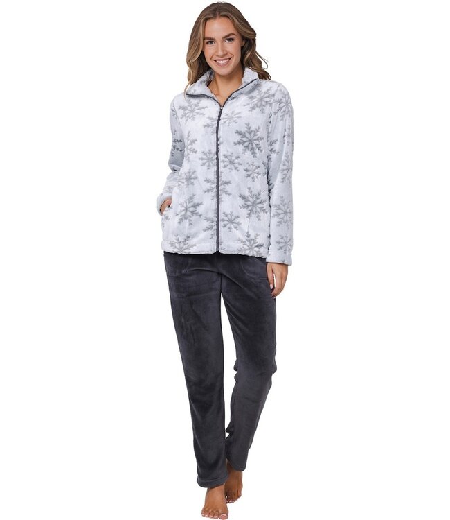 ladies embossed flannel fleece homesuit with zip 'silver snowflakes'