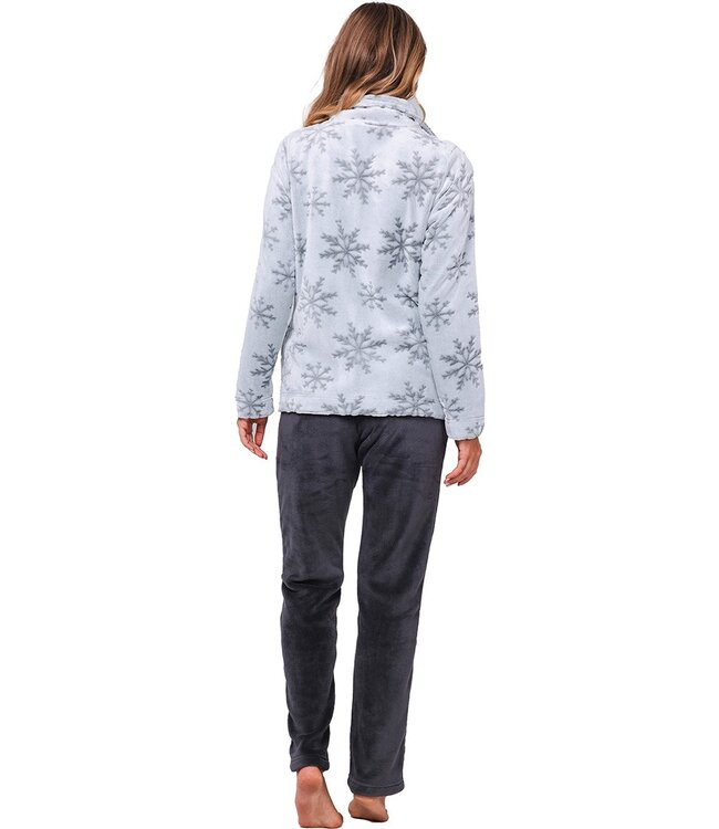 Dames huispak met ritssluiting van flanel-fleece reliëfstof 'silver snowflakes'