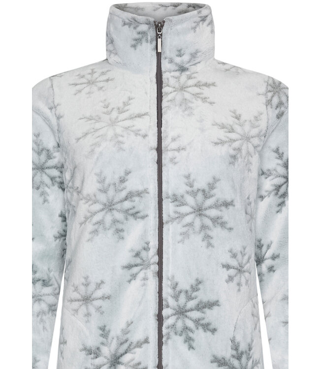 Dames huispak met ritssluiting van flanel-fleece reliëfstof 'silver snowflakes'
