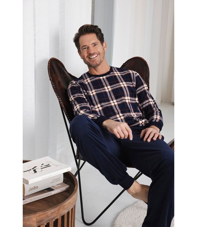 men's blue velvet home lounge suit 'modern checks'