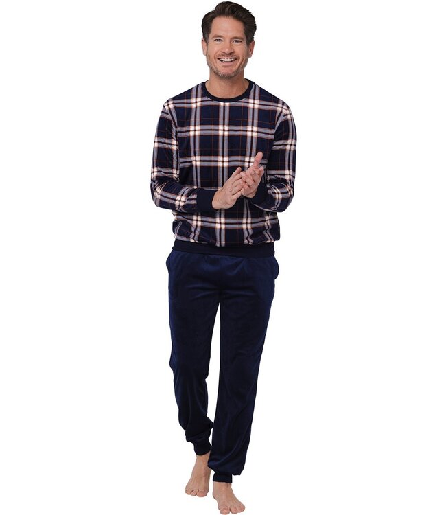 Heren lounge-huispak van blauw velours 'modern checks'