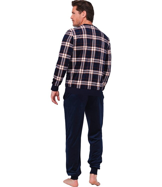 Heren lounge-huispak van blauw velours 'modern checks'