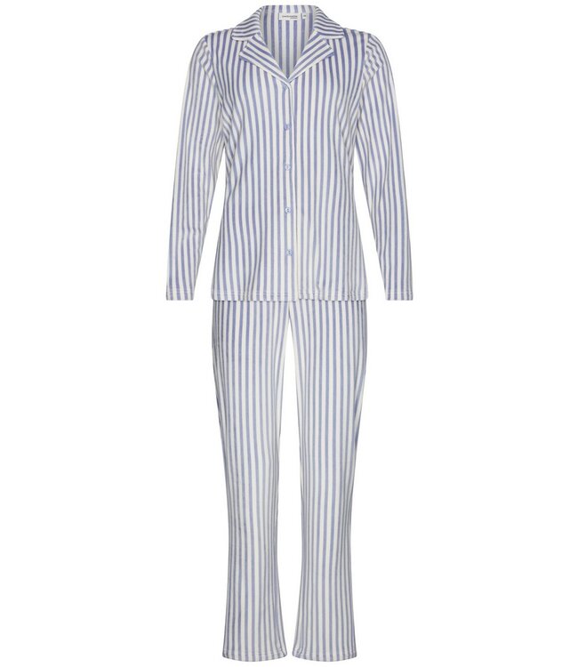 Doorknoop dames pyjama van zachte, blauwe flanel fleece ‘soft stripes’