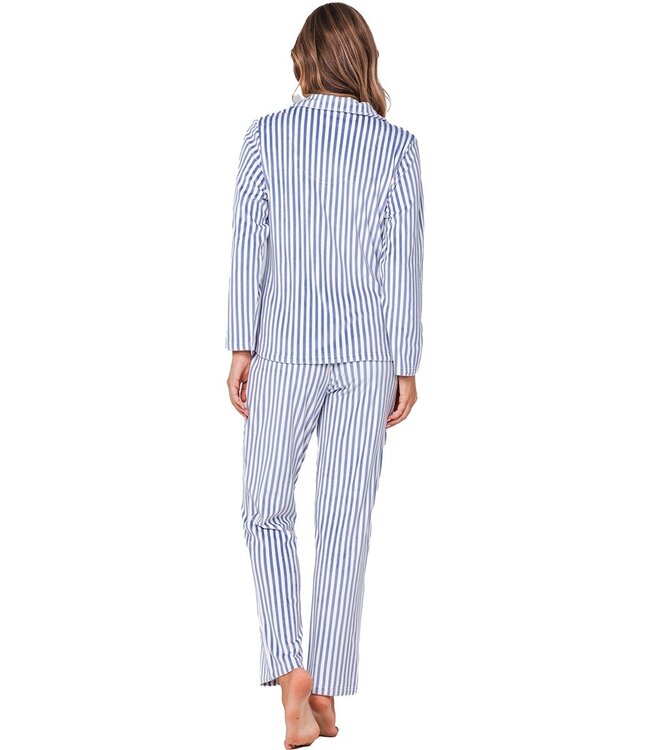 Doorknoop dames pyjama van zachte, blauwe flanel fleece ‘soft stripes’