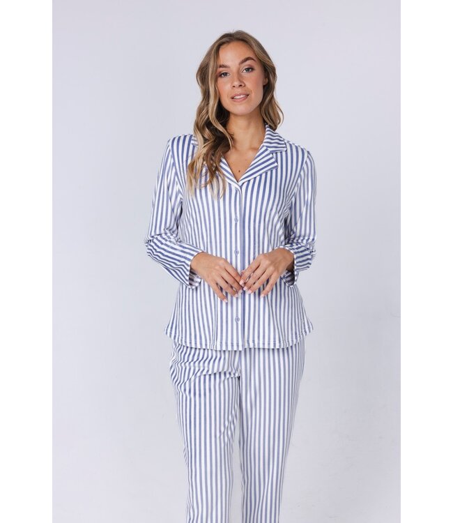 ladies blue soft flannel fleece full button pyjama 'soft stripes'