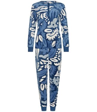 Pastunette Zachte, blauwe velours home-lounge pyjama ‘bold arty leaves’