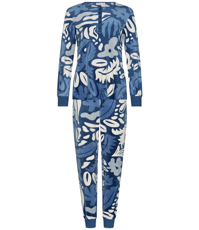 Zachte, blauwe velours home-lounge pyjama ‘bold arty leaves’
