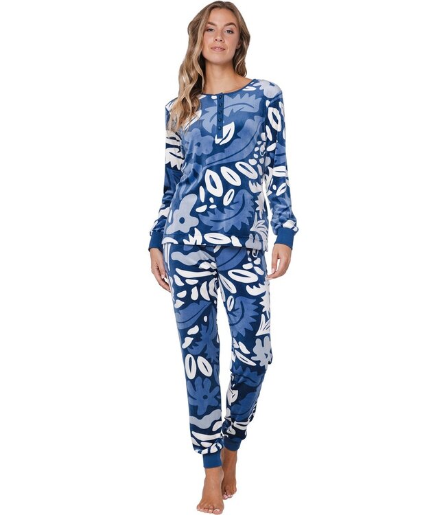 blue soft velvet home lounge pyjama 'bold arty leaves'