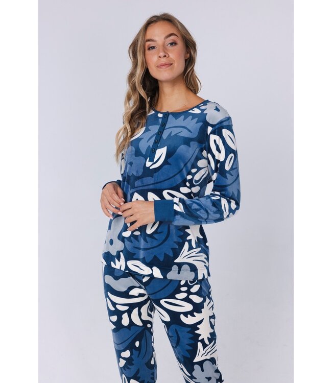 blue soft velvet home lounge pyjama 'bold arty leaves'