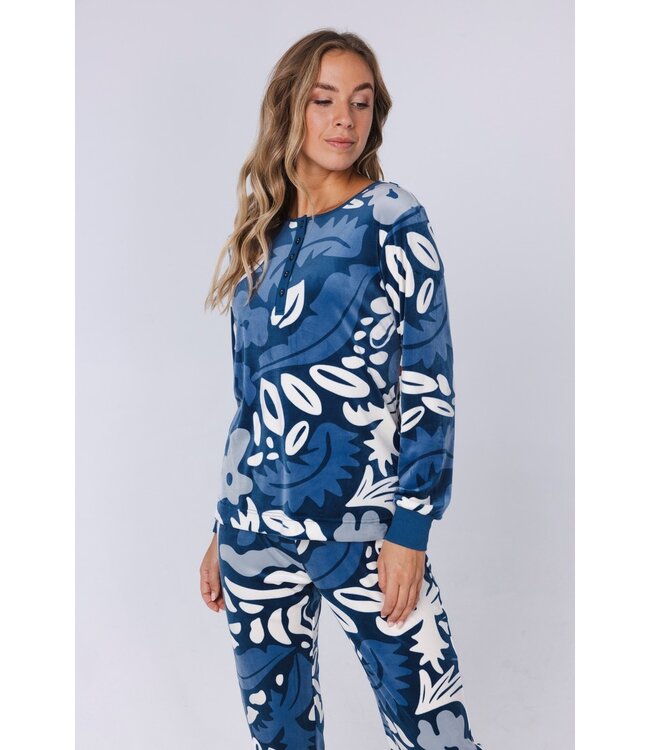 blue soft velvet home lounge pyjama 'bold arty leaves'