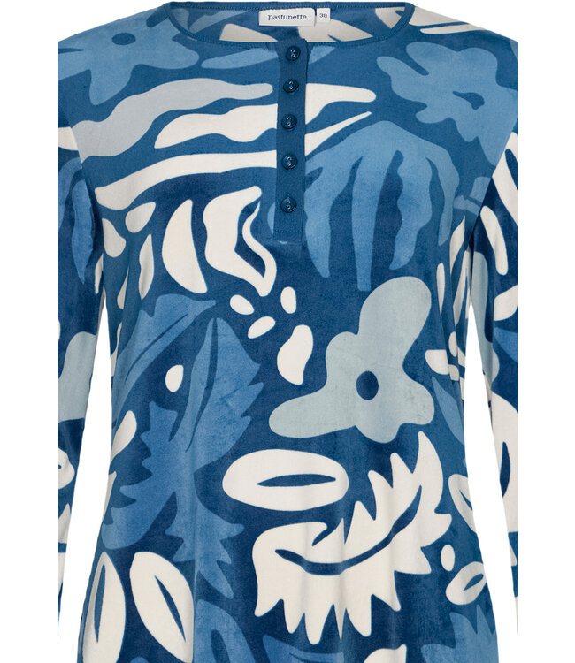 Zachte, blauwe velours home-lounge pyjama ‘bold arty leaves’