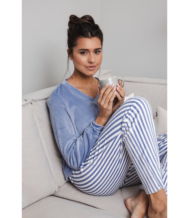 ladies blue soft flannel fleece pyjama set 'soft stripes'