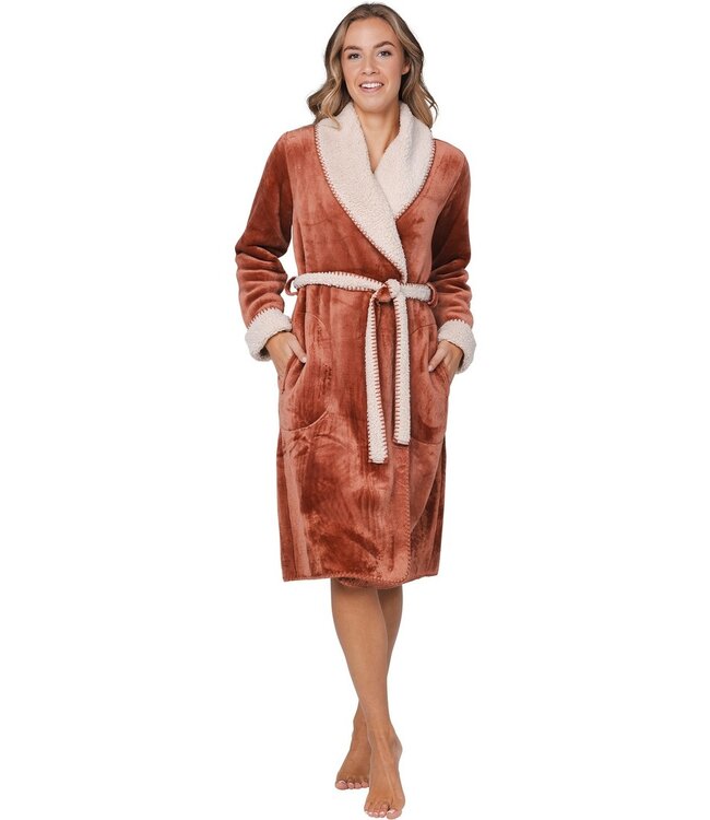 Sherpa flanel-fleece bruine overslag ochtendjas 'stitch pretty'