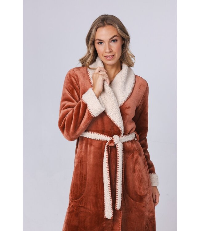 Sherpa flanel-fleece bruine overslag ochtendjas 'stitch pretty'