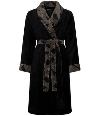 Pastunette Premium Warme, zwarte, coral-fleece overslag ochtendjas 'abstract art'
