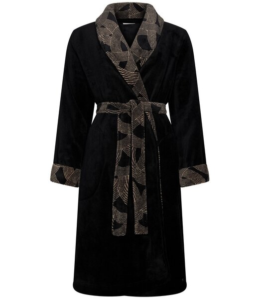 Pastunette Premium Warme, zwarte, coral-fleece overslag ochtendjas 'abstract art'