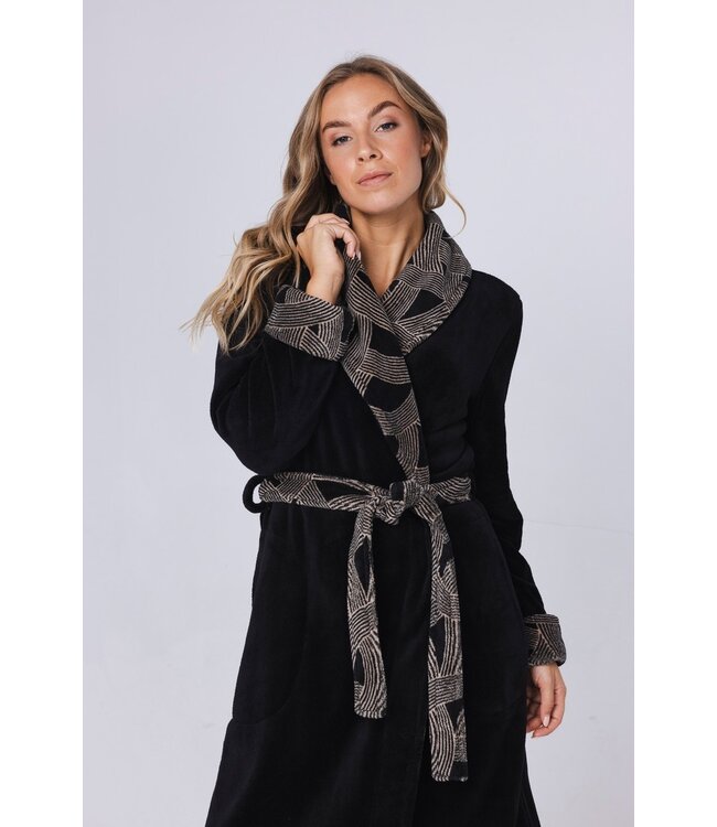 warm coral fleece fleece black wrap-over moninggown 'abstract art'