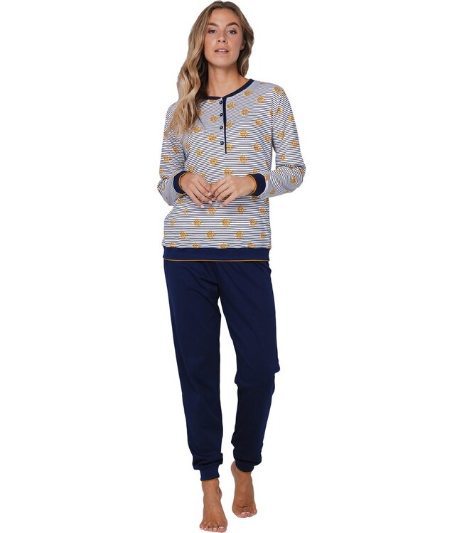 Strepen dames pyjama van 100% katoen met knoopjes 'forest flowers stripes'