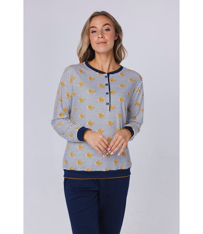 ladies striped 100% cotton pyjama set with buttons 'forest flower stripes'