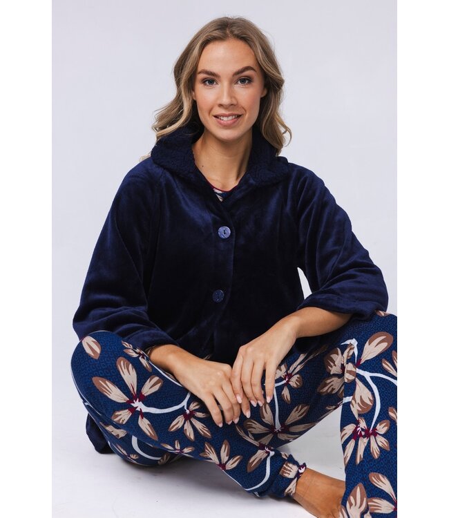 luxury full button flannel fleece house jacket 'chic blue beauty'