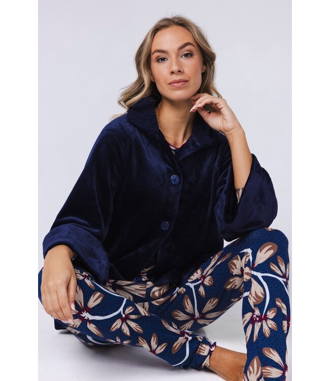 Luxe doorknoop huisjasje van flanel-fleece 'chic blue beauty'