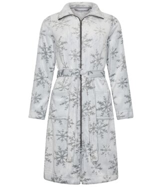 Rebelle Flanel-fleece ochtendjas met rits van reliëfstof 'silver snowflakes'