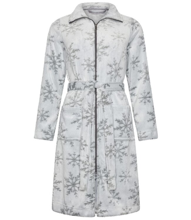 Flanel-fleece ochtendjas met rits van reliëfstof 'silver snowflakes'