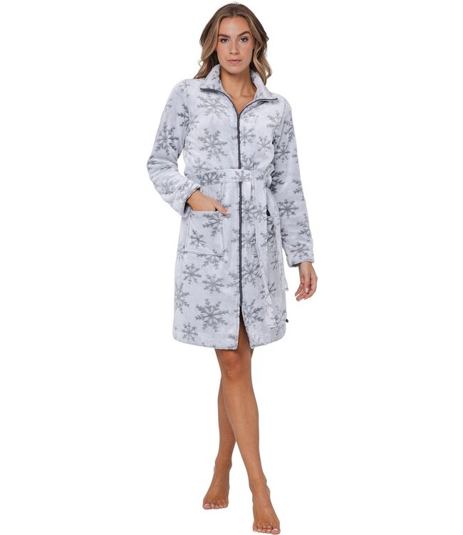 embossed flannel fleece morninggown wth zip 'silver snowflakes'