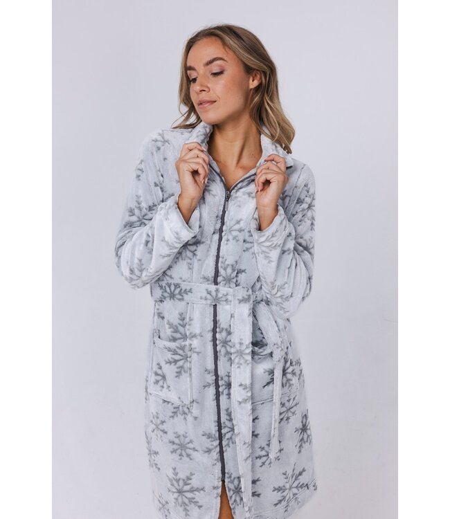 embossed flannel fleece morninggown wth zip 'silver snowflakes'