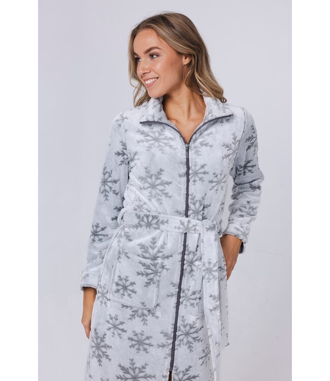 embossed flannel fleece morninggown wth zip 'silver snowflakes'