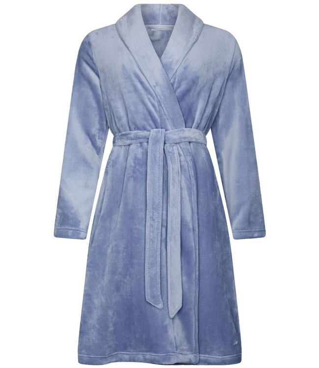 Warme, blauwe flanel fleece overslag dames ochtendjas ‘soft comfort’