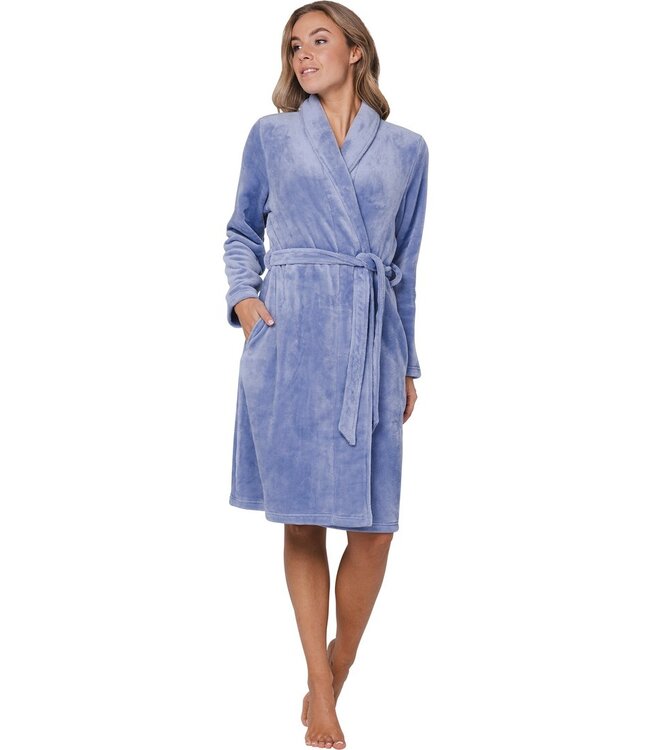 Warme, blauwe flanel fleece overslag dames ochtendjas ‘soft comfort’
