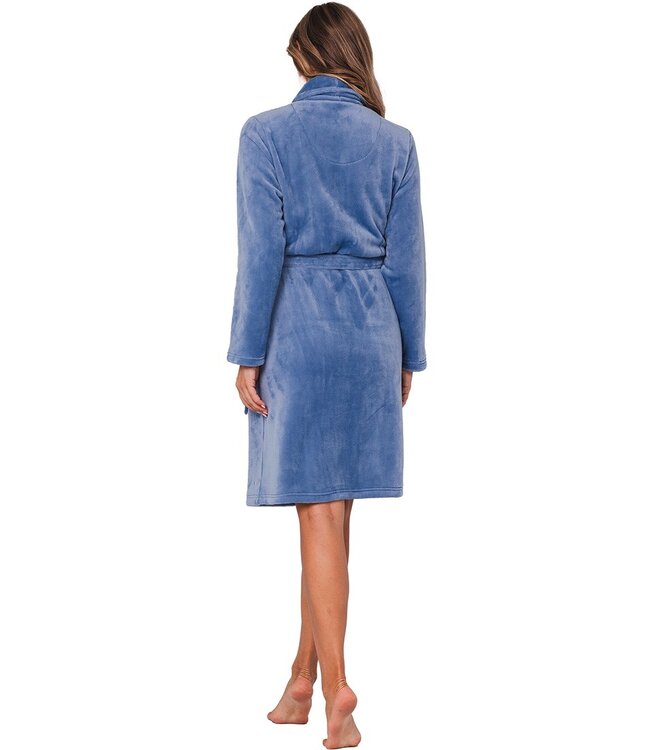 Warme, blauwe flanel fleece overslag dames ochtendjas ‘soft comfort’
