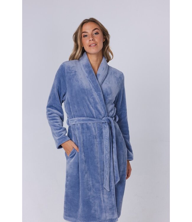 Warme, blauwe flanel fleece overslag dames ochtendjas ‘soft comfort’