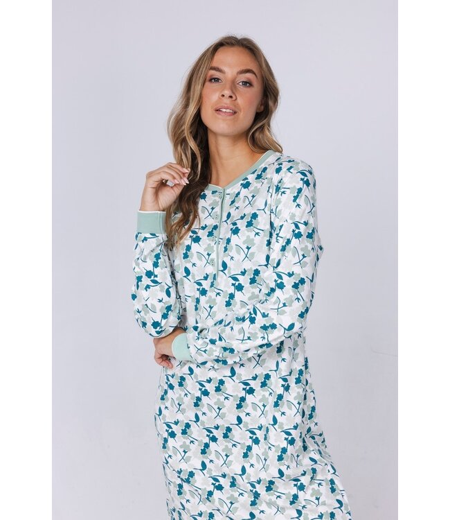 ladies 100% cotton interlock longer length nightdress with buttons 'winter flowers'