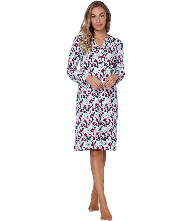 long sleeve cotton longer length nightdress with buttons 'winter flowers' (105cm)
