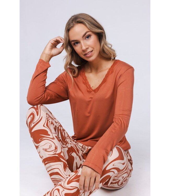 ladies luxury v-neck pyjama with lace 'watercolour art'