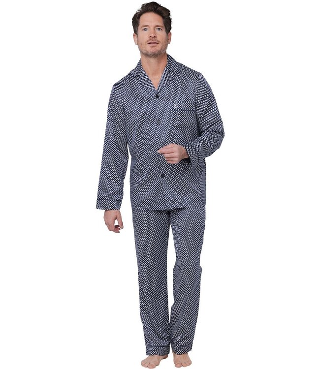 blue cotton-satin full button men's pyjama 'chain link'